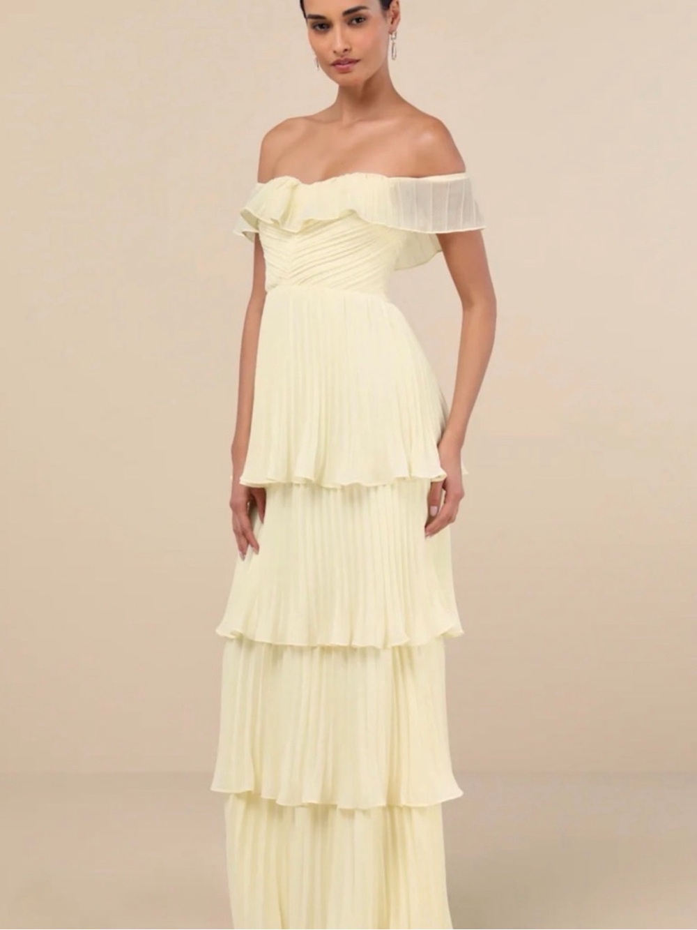 Lulu's Off-Shoulder Tiered Maxi Dress in Pale Yellow